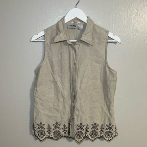 Edward Womens 12 100% Irish Linen Sleeveless Button Up Top Vest Tan Embroidered